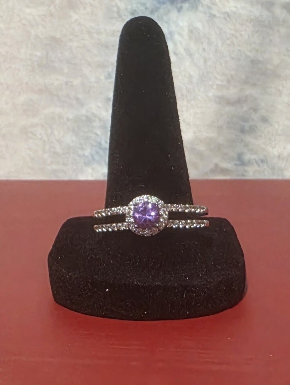 Amethyst Halo Split Shank Ring - Purple White CZ Accents Size 10